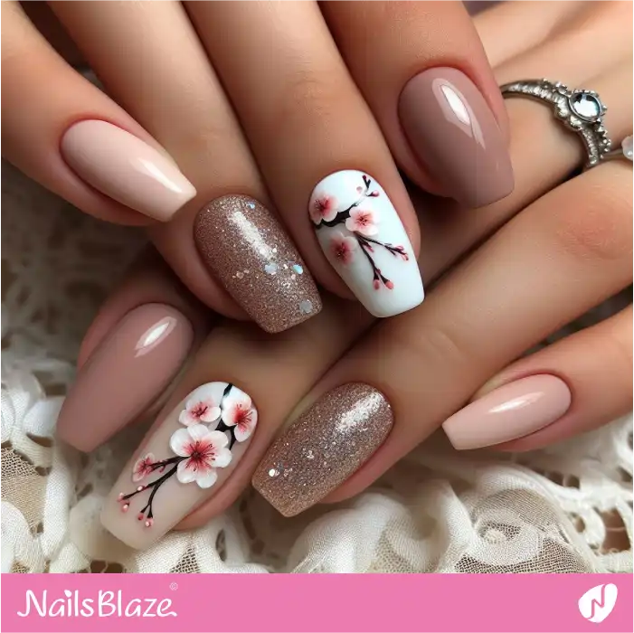 Embellished Nude Nails with Cherry Blossoms | Spring Nails - NB3865